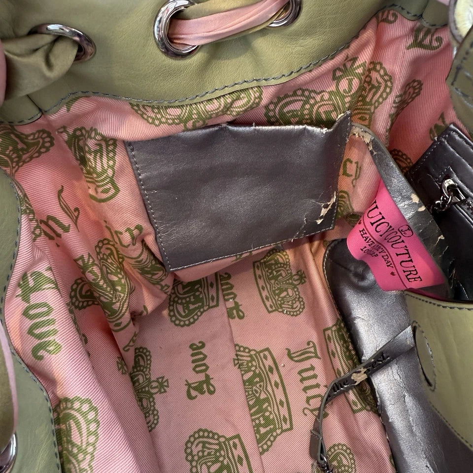 VTG Juicy Couture Daydreamer Bag Velour Pink Green Peach Y2K Pom Pom Excellent