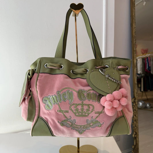 VTG Juicy Couture Daydreamer Bag Velour Pink Green Peach Y2K Pom Pom Excellent