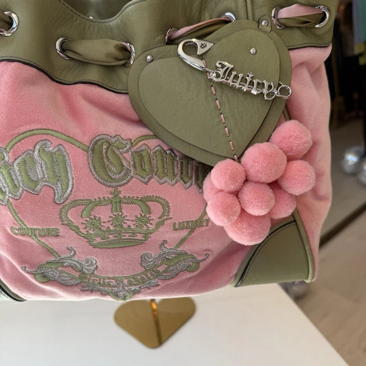 VTG Juicy Couture Daydreamer Bag Velour Pink Green Peach Y2K Pom Pom Excellent