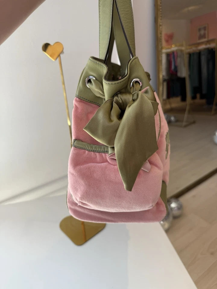 VTG Juicy Couture Daydreamer Bag Velour Pink Green Peach Y2K Pom Pom Excellent